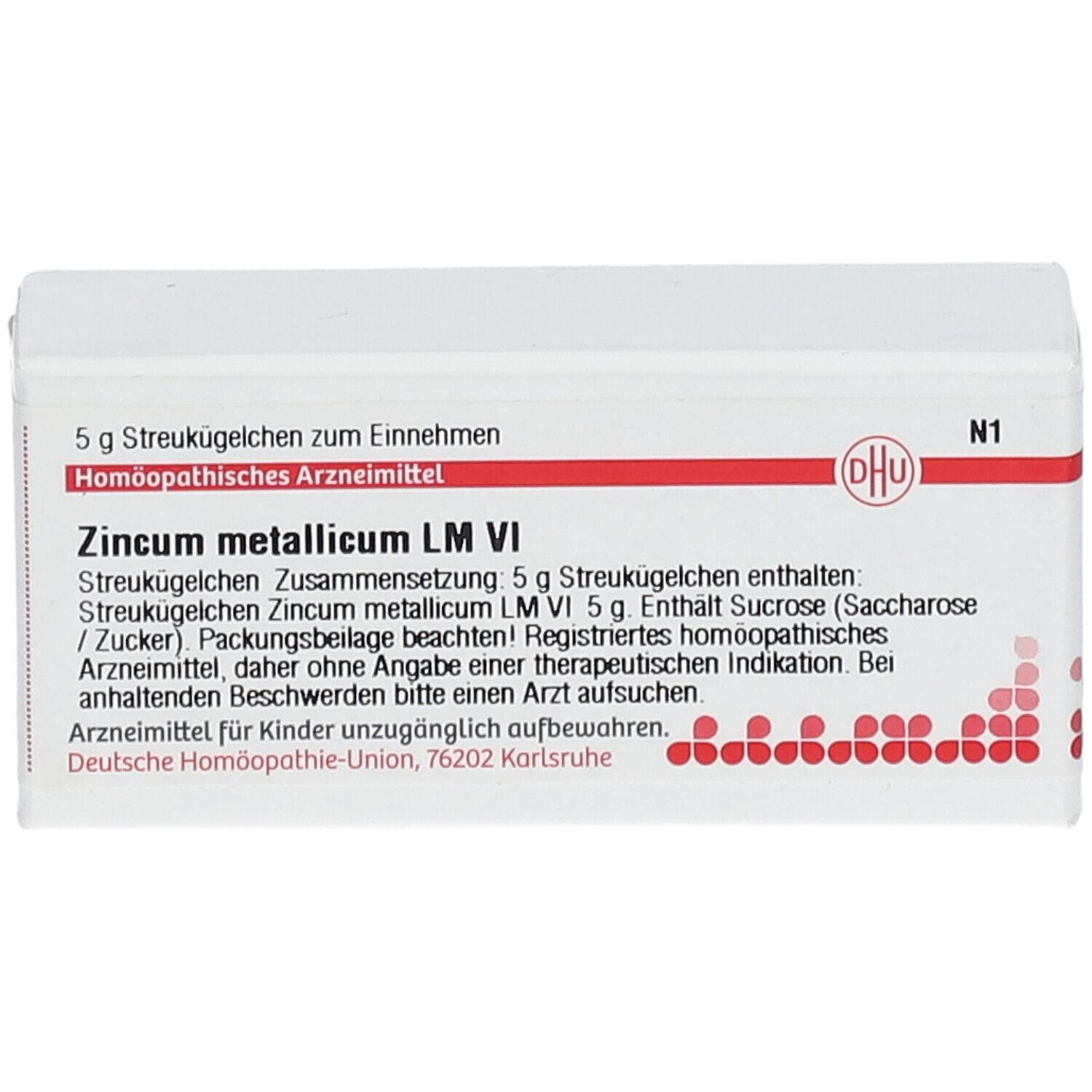 Weiße Schachtel mit roter Schrift. Aufschrift: DHU Zincum metallicum LM VI. Enthält Streukügelchen. N1.