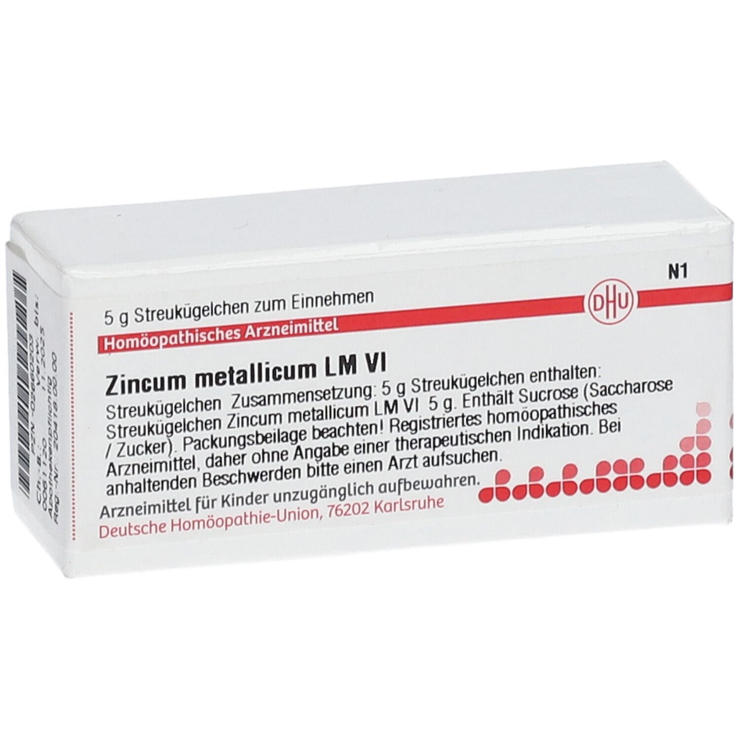Weiße Schachtel mit roter Schrift. Aufschrift: DHU Zincum metallicum LM VI. Enthält Streukügelchen. N1.