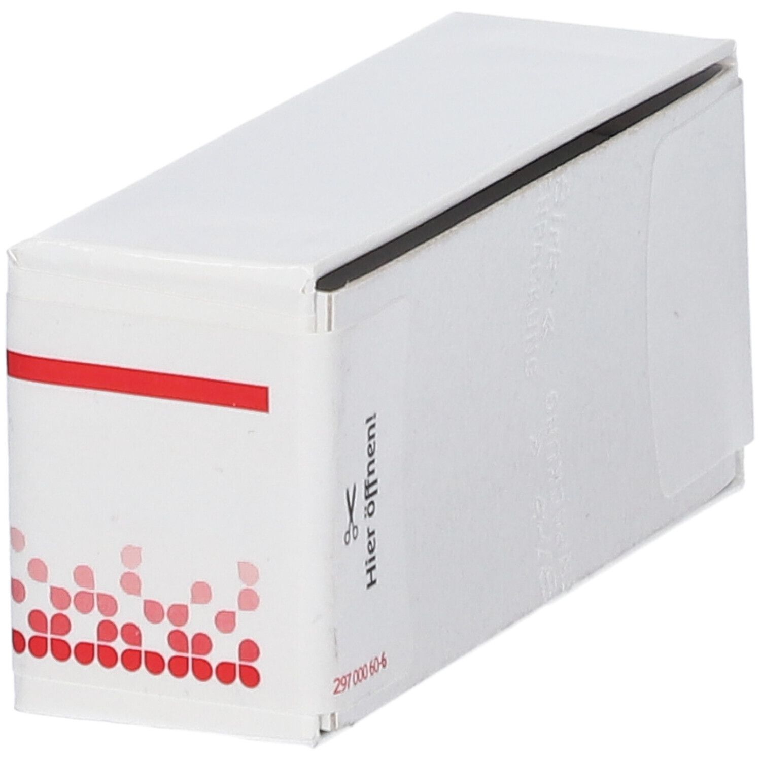 Weiße Schachtel mit rotem Streifen und Aufdruck 'Hier öffnen!'. Text: Apothekenpflichtig.