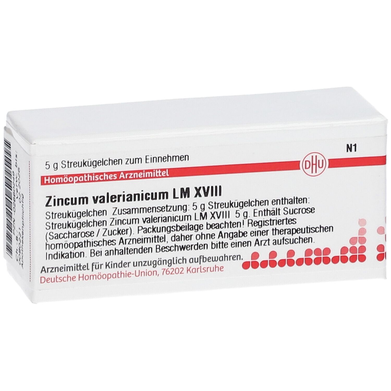 Weiße Schachtel mit roter Schrift und DHU-Logo. Text: Zincum valerianicum LM XVIII, 5 g Streukügelchen. Apothekenpflichtig.