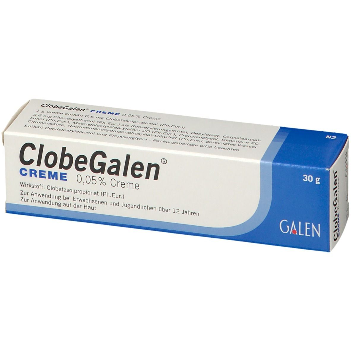 ClobeGalen Creme 0,05% Tube, seitliche Ansicht.
