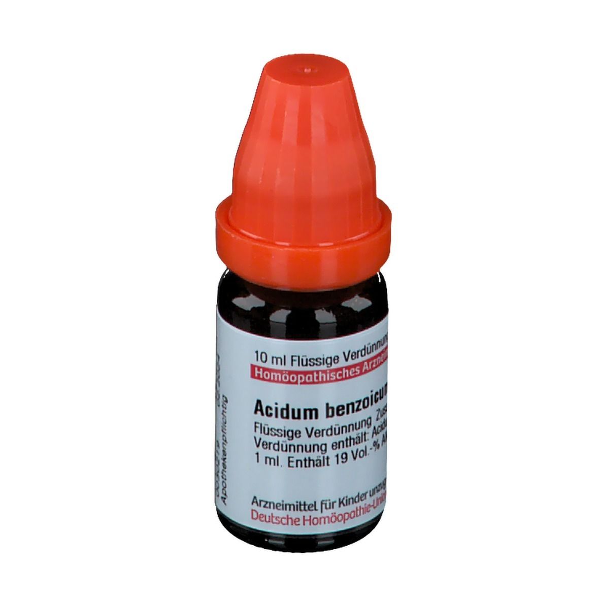 Braune Glasflasche mit rotem Verschluss. Beschriftung: 10 ml Flüssige Verdünnung, Acidum benzoicum.
