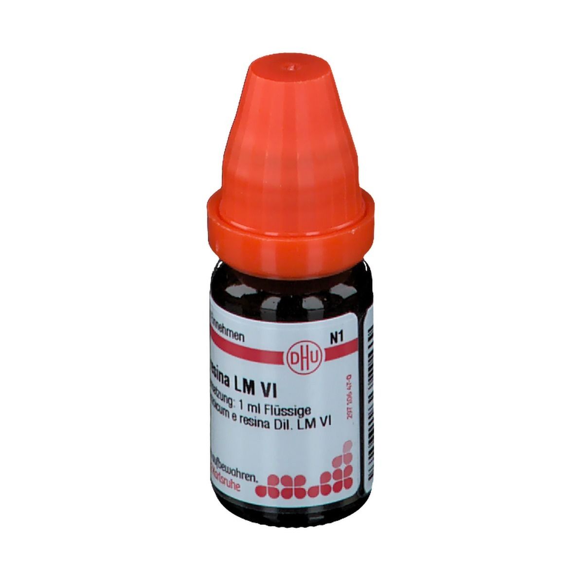 Braune Glasflasche mit rotem Verschluss. Beschriftung: DHU, Acidum benzoicum e resina LM VI.