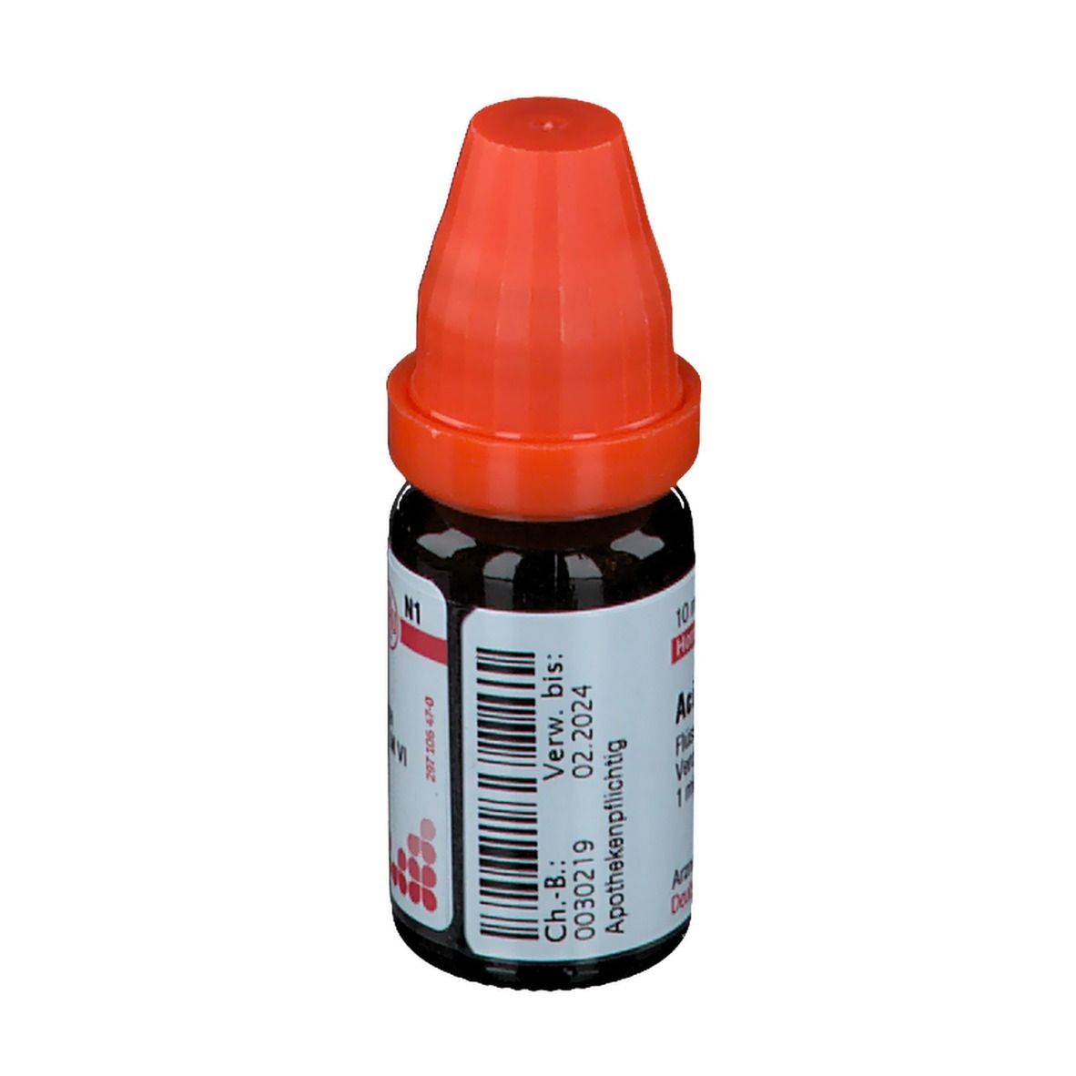 Braune Glasflasche mit rotem Verschluss. Beschriftung: Acidum benzoicum, Verfallsdatum, Barcode.