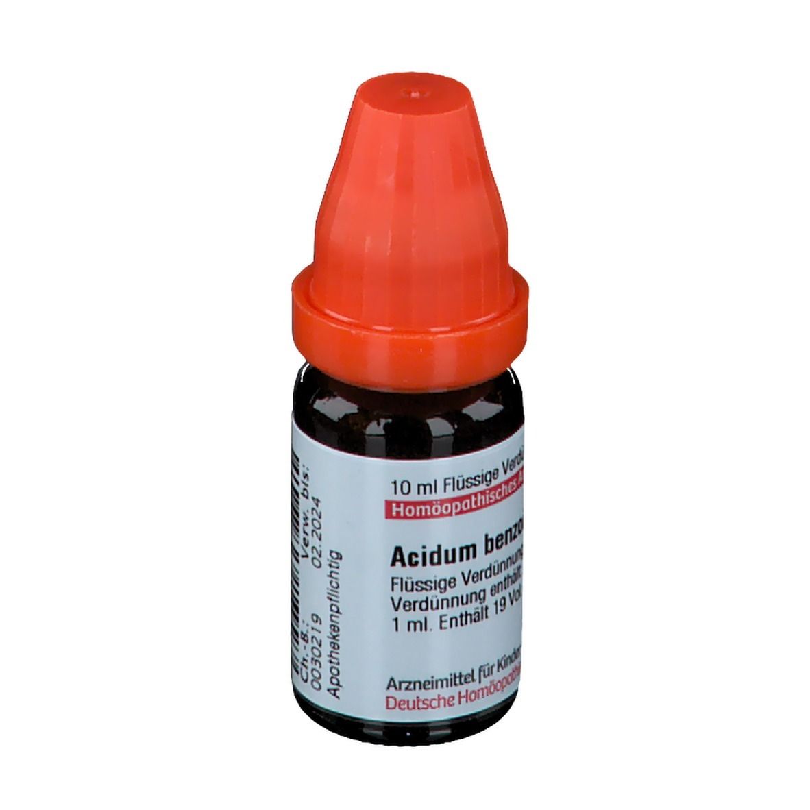 Braune Glasflasche mit rotem Verschluss. Beschriftung: 10 ml Flüssige Verdünnung, Acidum benzoicum.