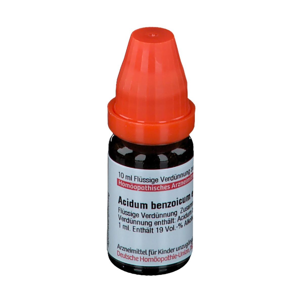 Braune Glasflasche mit rotem Verschluss. Beschriftung: 10 ml Flüssige Verdünnung, Acidum benzoicum.