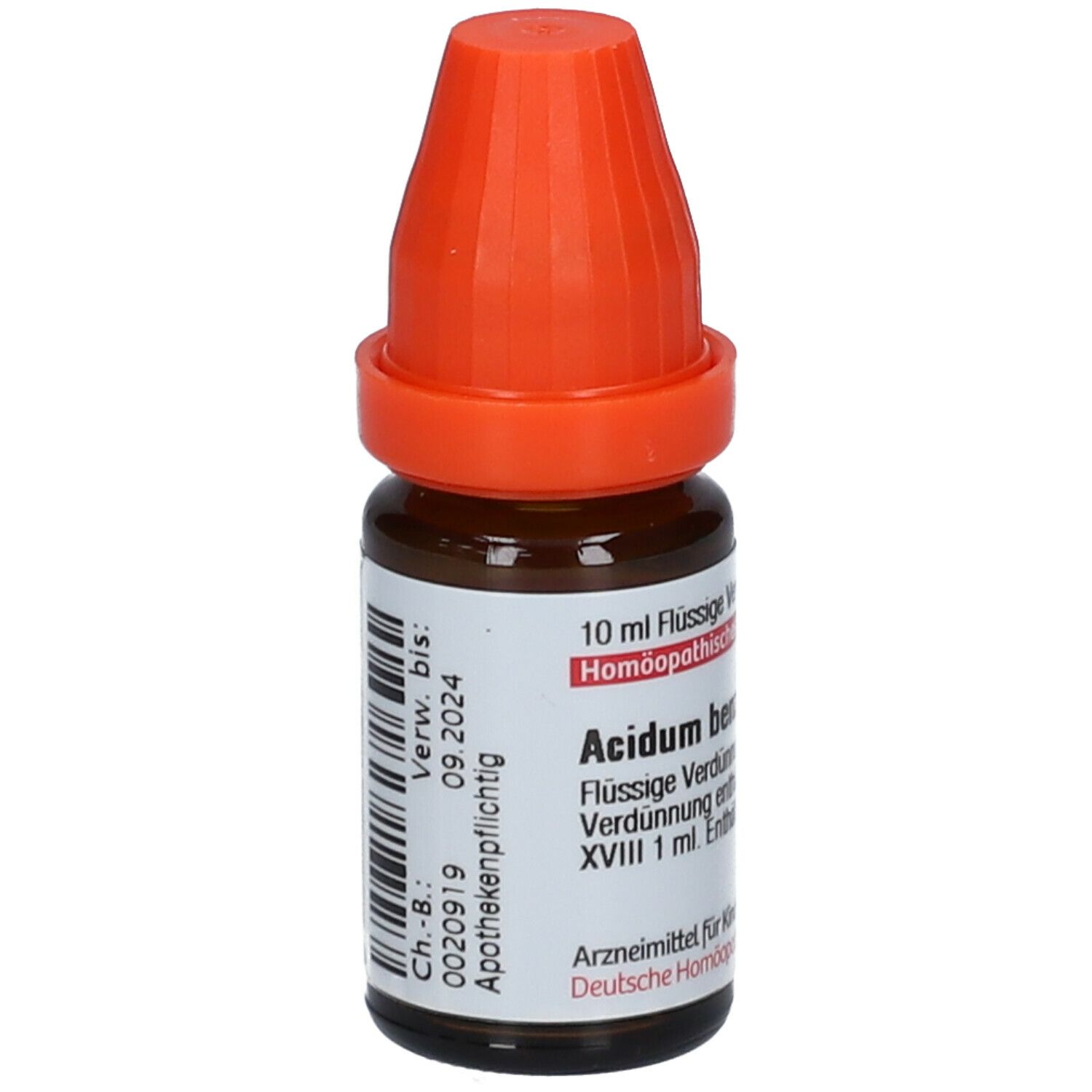 Braune Glasflasche mit orangefarbenem Verschluss. Etikett mit Text und Barcode. Verfallsdatum: 09.2024.