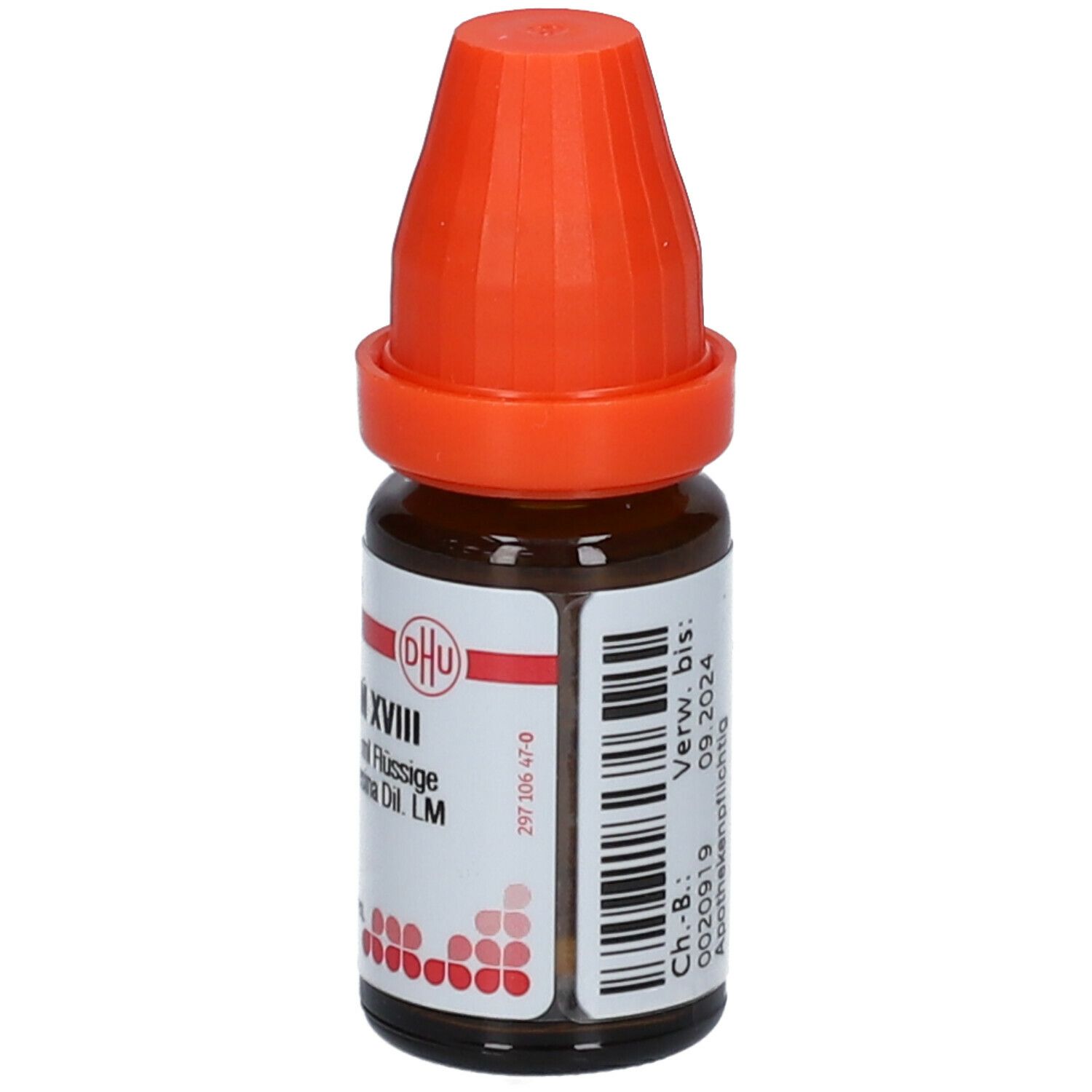 Braune Glasflasche mit orangefarbenem Verschluss. Etikett mit Text und Barcode. Verfallsdatum: 09.2024.