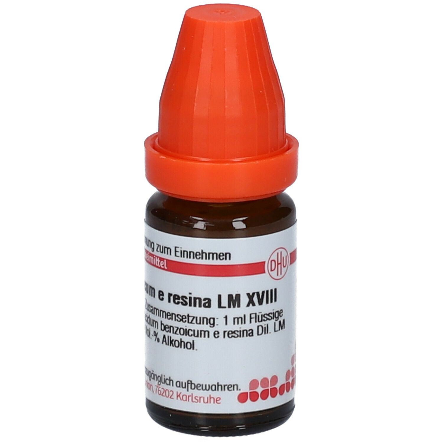 Braune Glasflasche mit orangefarbenem Verschluss. Beschriftung: Acidum benzoicum e resina LM XVIII.