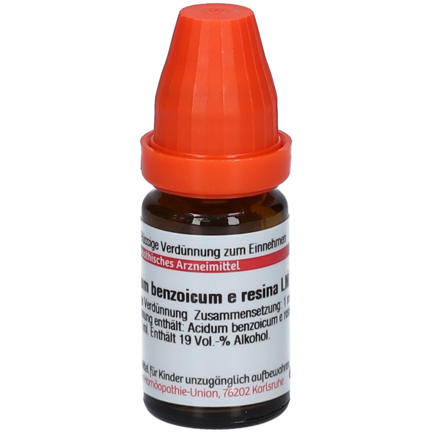 Braune Glasflasche mit orangefarbenem Verschluss. Beschriftung: Acidum benzoicum e resina LM XVIII.
