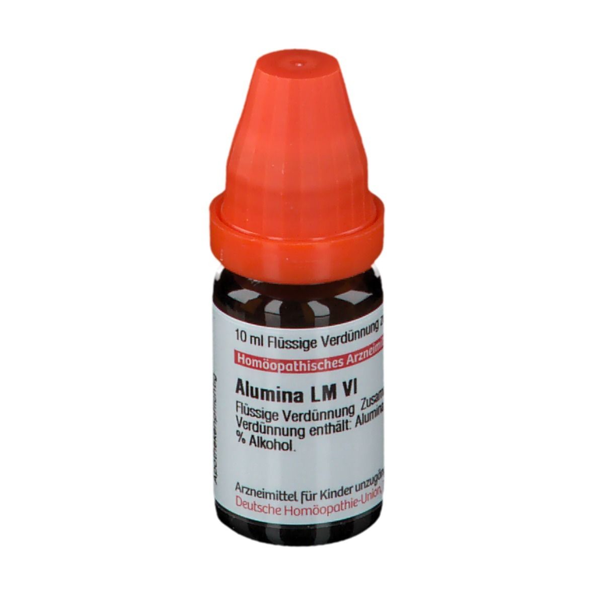 Braune Glasflasche mit orangefarbenem Verschluss. Beschriftung: Alumina LM VI, 10 ml flüssige Verdünnung.
