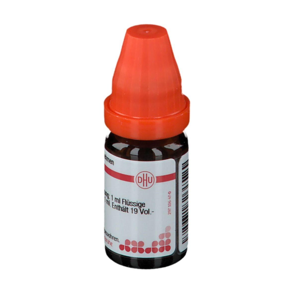 Braune Glasflasche mit orangefarbenem Verschluss. Beschriftung: DHU, Alumina LM VI, 1 ml flüssige Verdünnung.