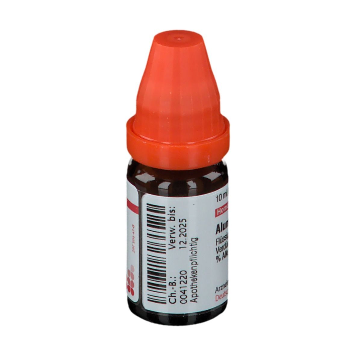 Braune Glasflasche mit orangefarbenem Verschluss. Beschriftung: Alumina LM VI, Apothekenpflichtig, Verwendbar bis 12 2025.