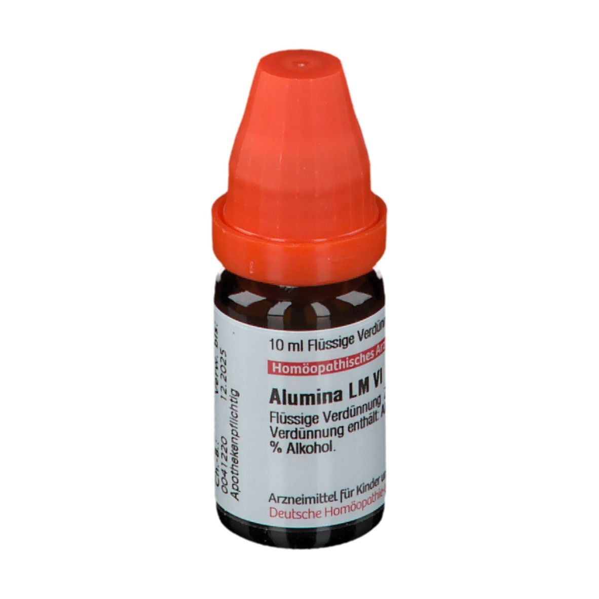 Braune Glasflasche mit orangefarbenem Verschluss. Beschriftung: Alumina LM VI, 10 ml flüssige Verdünnung.