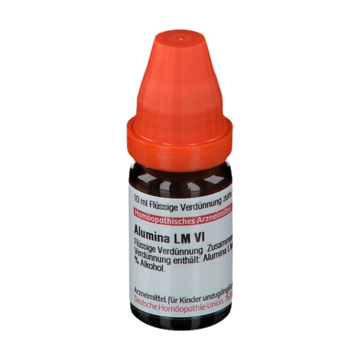 Braune Glasflasche mit orangefarbenem Verschluss. Beschriftung: Alumina LM VI, 10 ml flüssige Verdünnung.