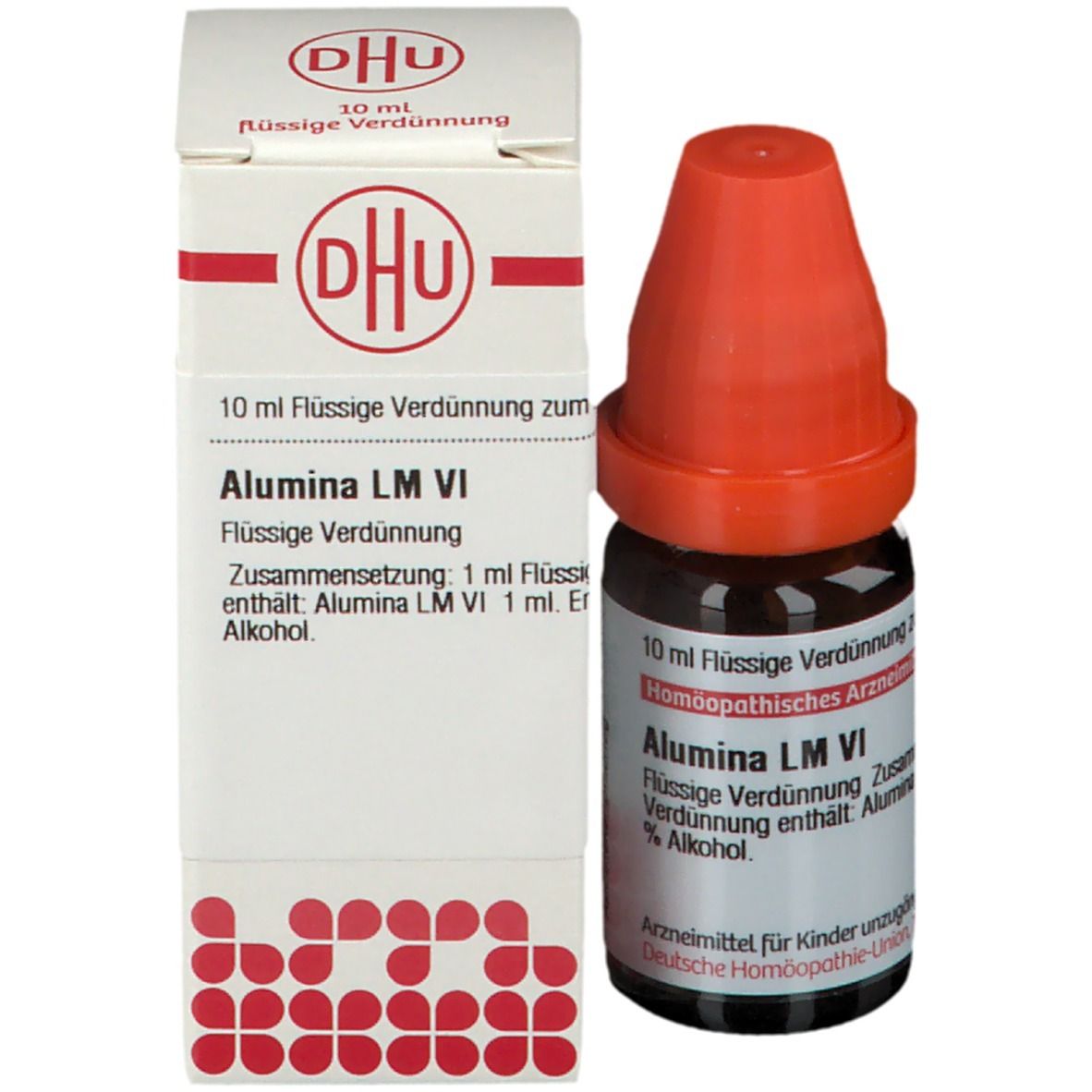 Braune Glasflasche mit orangefarbenem Verschluss und Karton. Beschriftung: DHU, Alumina LM VI, 10 ml flüssige Verdünnung.