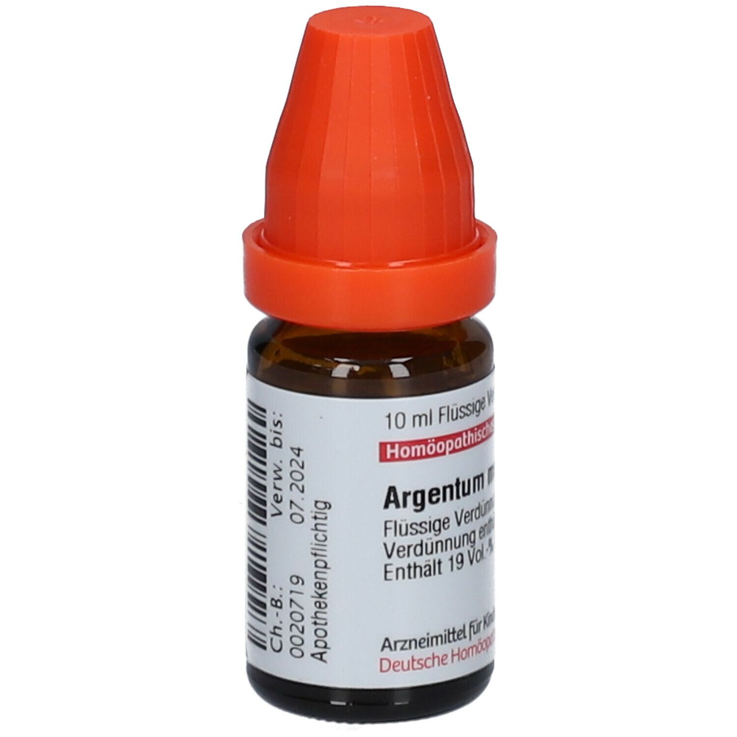 Braune Glasflasche mit orangefarbenem Verschluss. Beschriftung: Argentum metallicum LM XVIII, flüssige Verdünnung. Etikett.