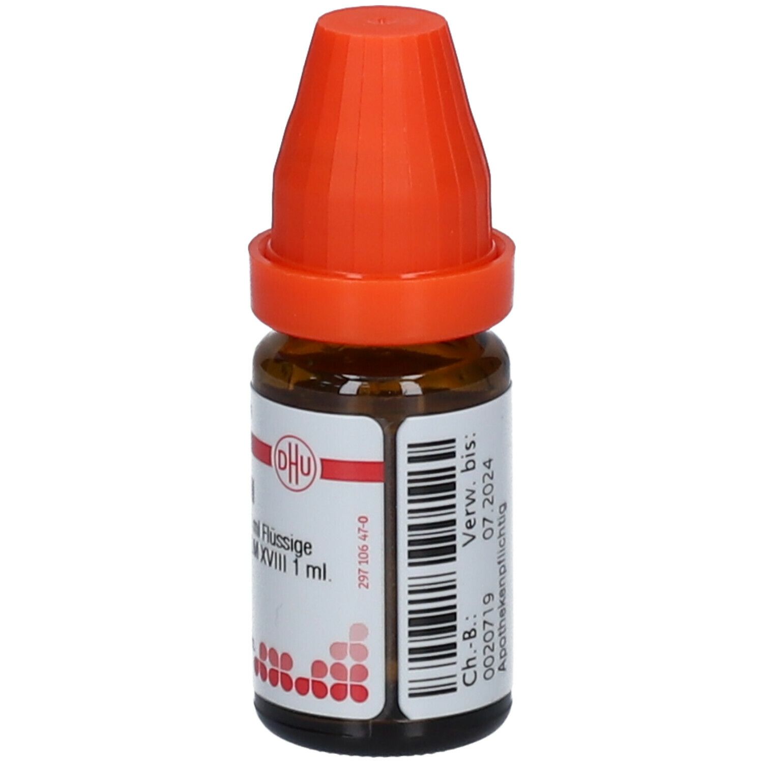Braune Glasflasche mit orangefarbenem Verschluss. Beschriftung: DHU, Argentum metallicum LM XVIII, flüssige Verdünnung.