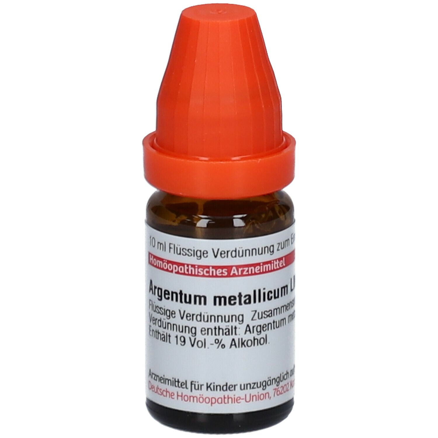Braune Glasflasche mit orangefarbenem Verschluss. Beschriftung: Argentum metallicum LM XVIII, flüssige Verdünnung.