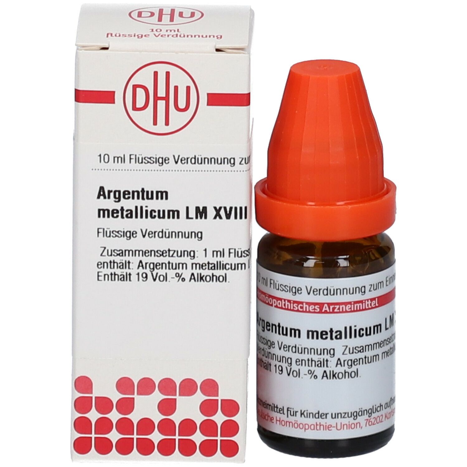 Braune Glasflasche mit orangefarbenem Verschluss und Verpackung. Beschriftung: DHU, Argentum metallicum LM XVIII, flüssige Verdünnung.