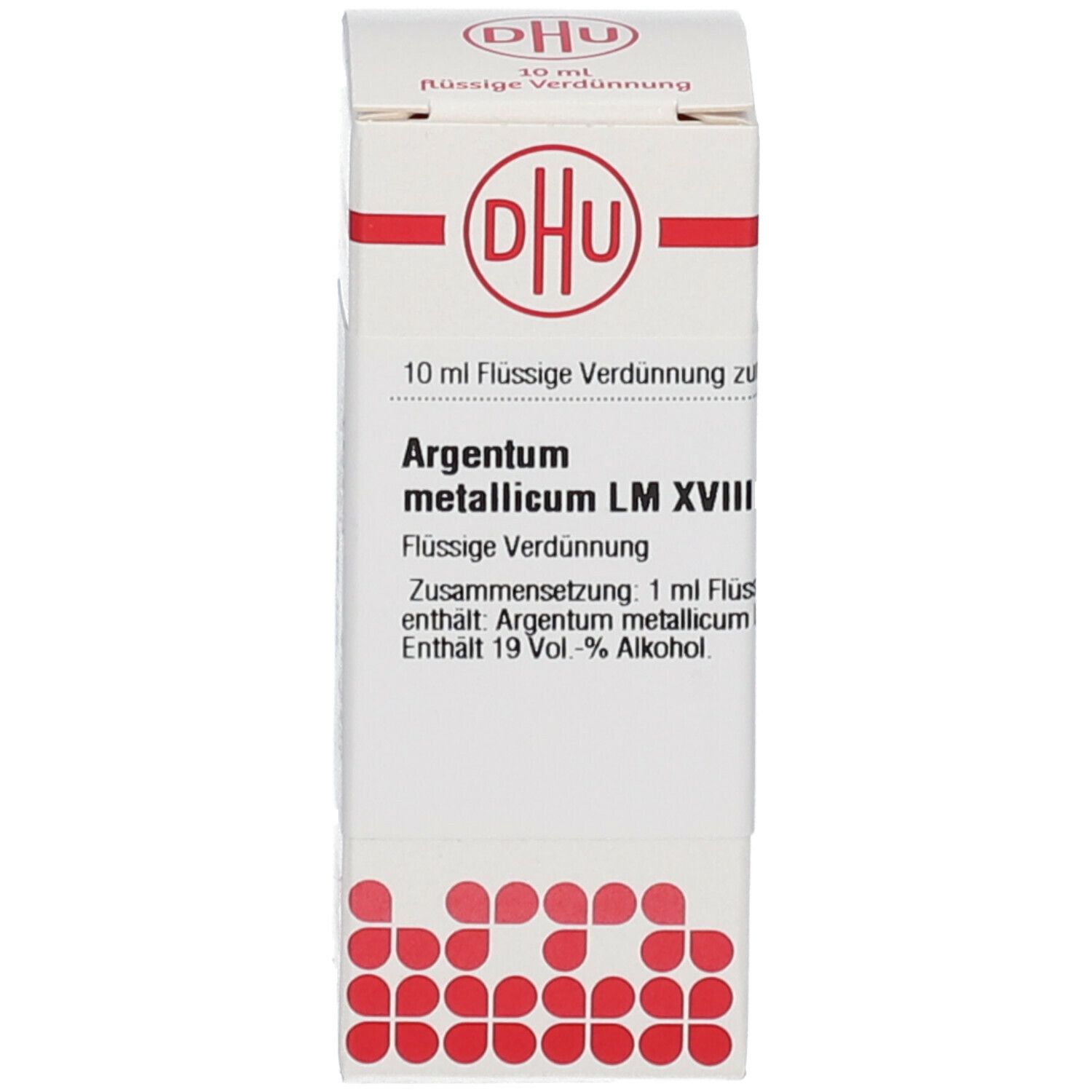 Weiße Verpackung mit Beschriftung: DHU, Argentum metallicum LM XVIII, flüssige Verdünnung. Rote Logos.