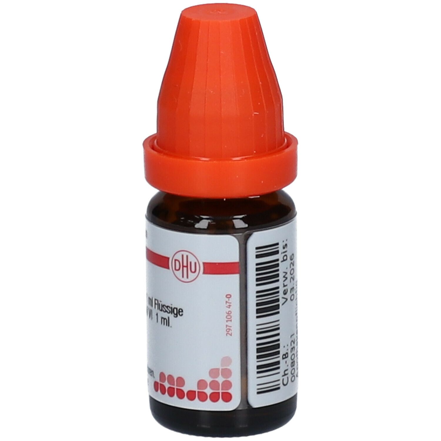 Braune Glasflasche mit orangefarbenem Verschluss. Beschriftung: DHU, Argentum nitricum LM VI, 1 ml.