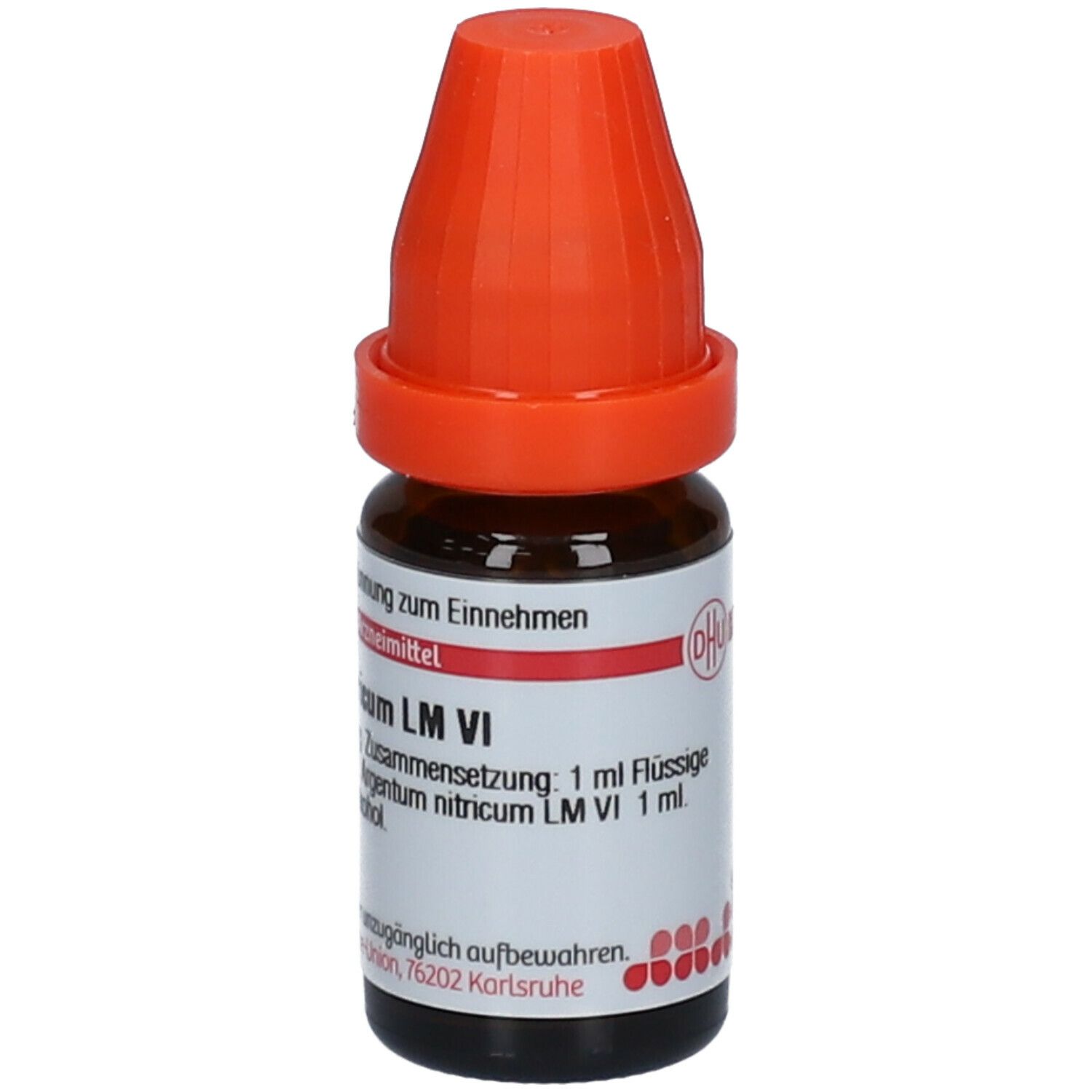 Braune Glasflasche mit orangefarbenem Verschluss. Beschriftung: Argentum nitricum LM VI, 1 ml Flüssige Verdünnung.