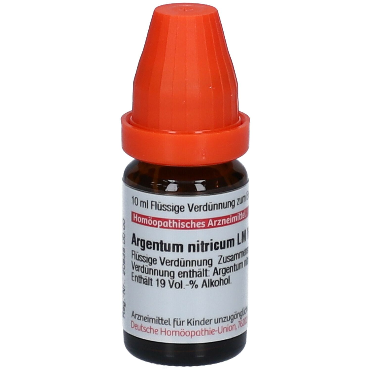 Braune Glasflasche mit orangefarbenem Verschluss. Beschriftung: Argentum nitricum LM VI, 10 ml Flüssige Verdünnung.