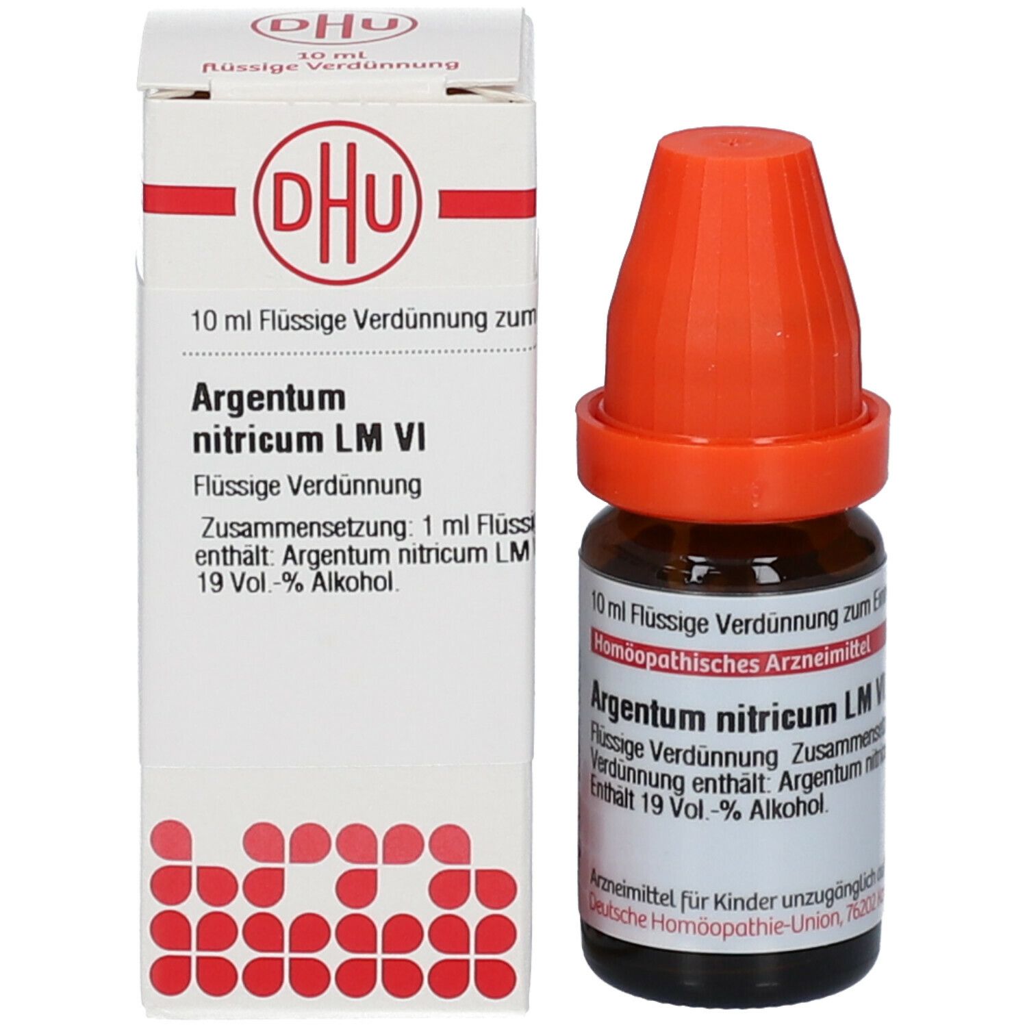 Braune Glasflasche mit orangefarbenem Verschluss und Karton. Beschriftung: DHU, Argentum nitricum LM VI, 10 ml.