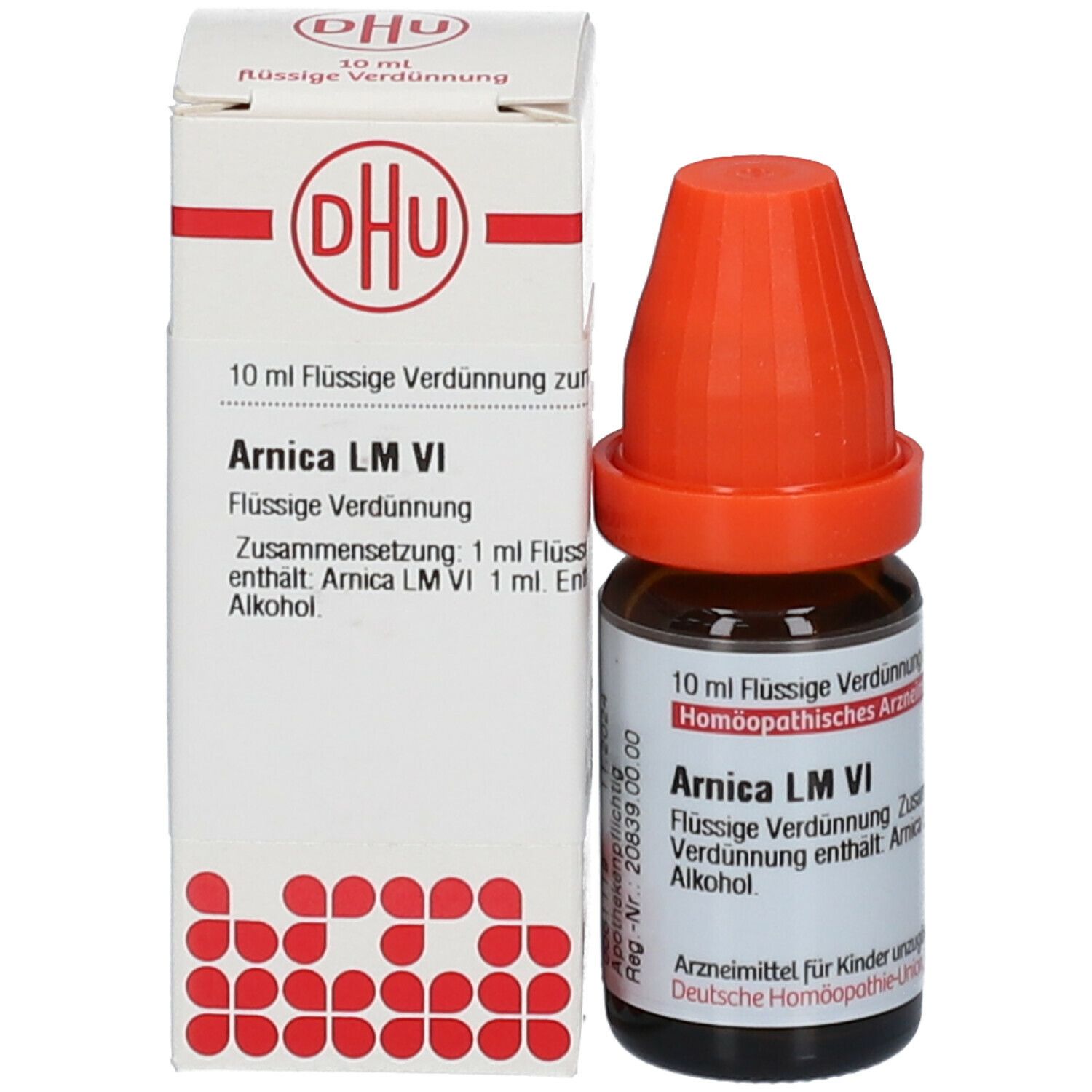 Braune Glasflasche mit orangefarbenem Verschluss und Verpackung. DHU-Logo und Produktinformationen.