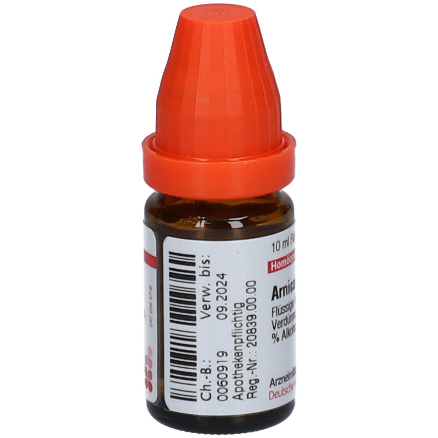 Braune Glasflasche mit orangefarbenem Verschluss. Etikett mit Barcode und Text: Arnica LM XVIII, 10 ml.