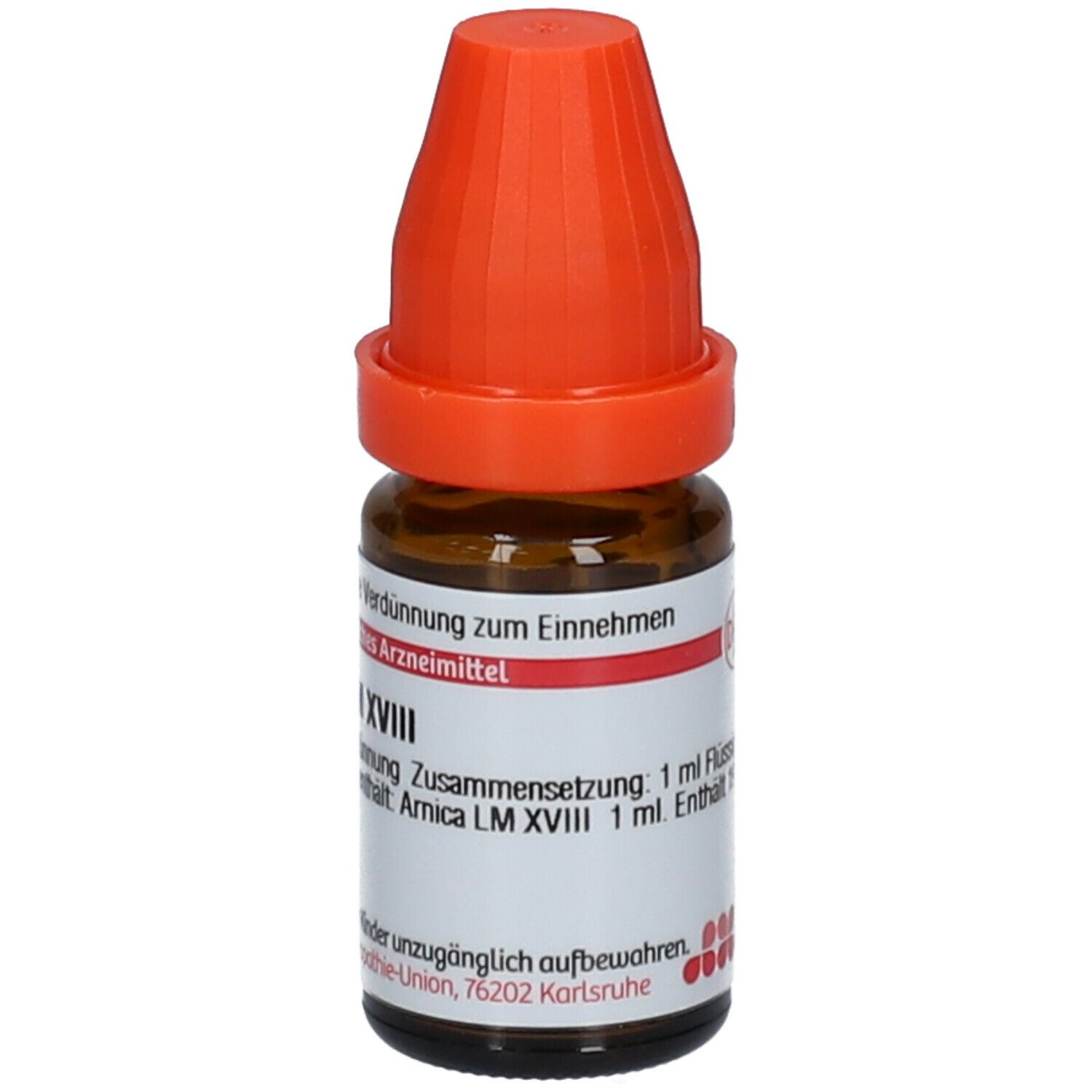 Braune Glasflasche mit orangefarbenem Verschluss. Beschriftung: Arnica LM XVIII, 10 ml flüssige Verdünnung.