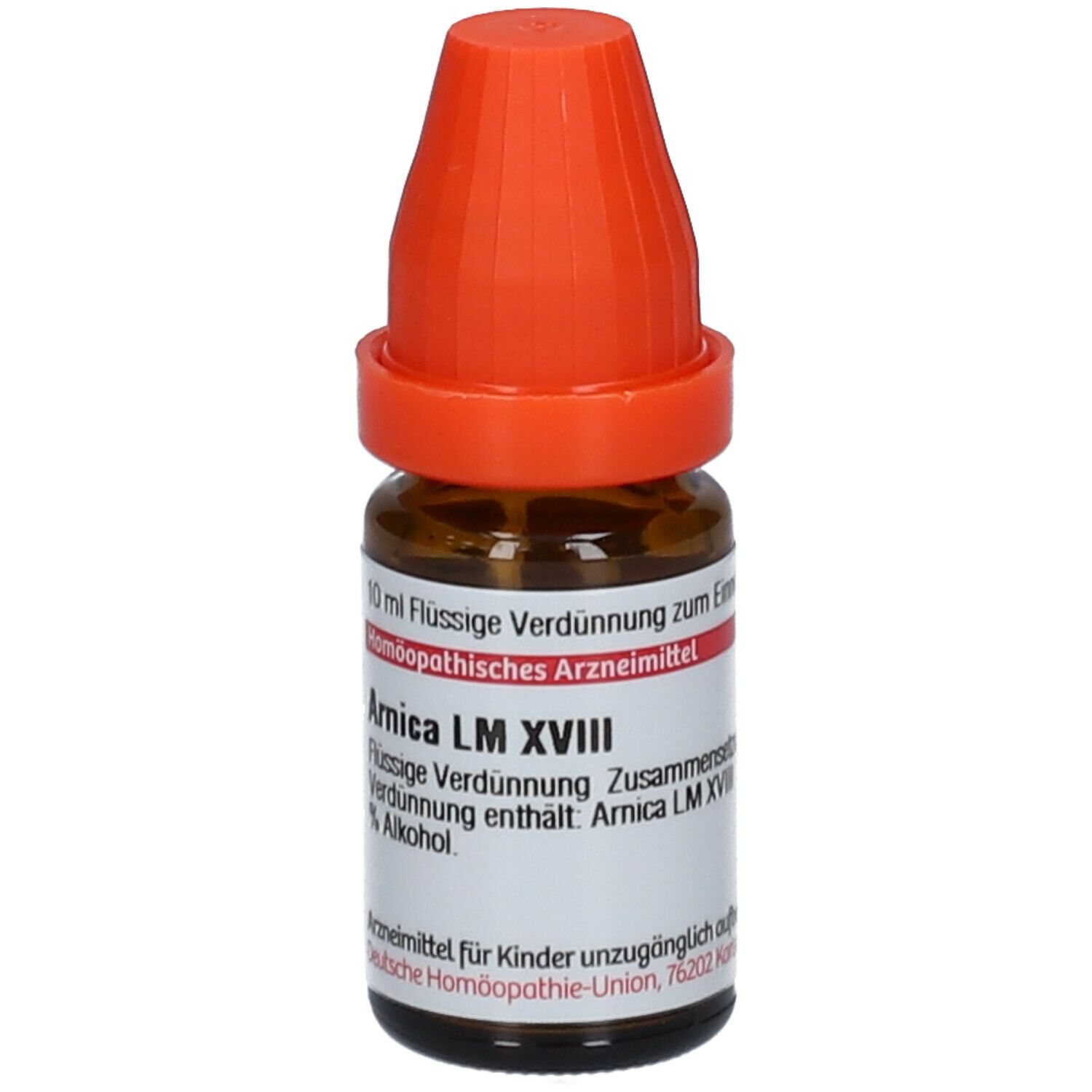 Braune Glasflasche mit orangefarbenem Verschluss. Beschriftung: Arnica LM XVIII, 10 ml flüssige Verdünnung.