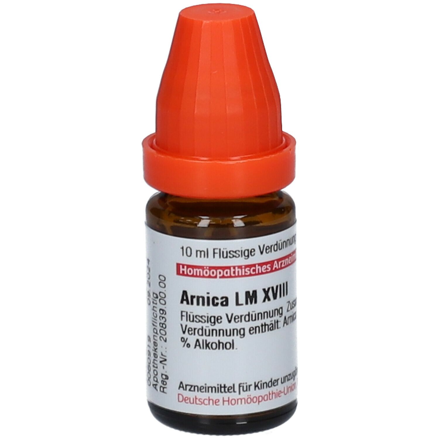 Braune Glasflasche mit orangefarbenem Verschluss. Beschriftung: Arnica LM XVIII, 10 ml flüssige Verdünnung.
