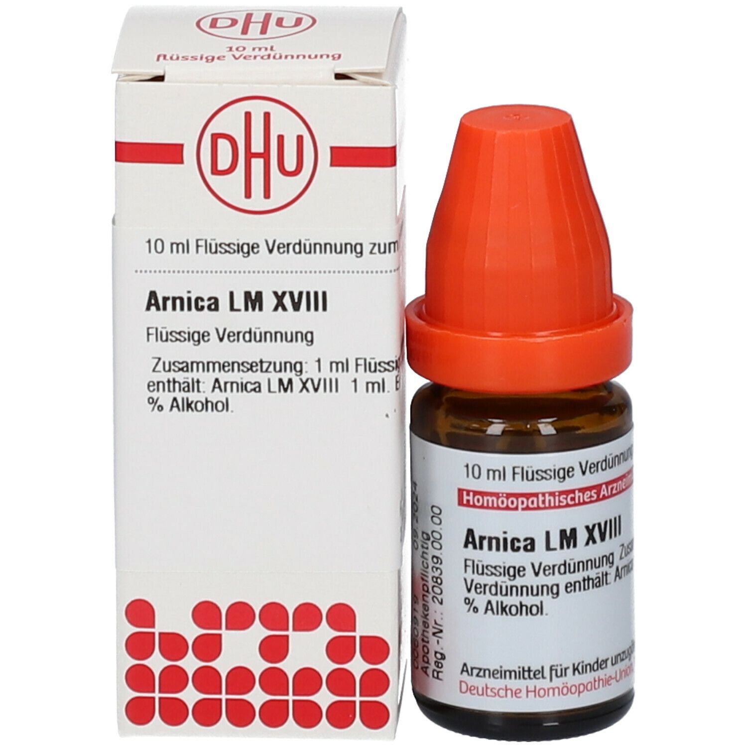 Braune Glasflasche mit orangefarbenem Verschluss neben weißer Schachtel. Beschriftung: DHU, Arnica LM XVIII.
