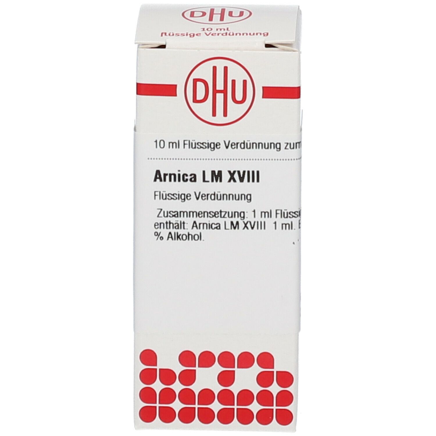 Weiße Schachtel mit roter Beschriftung: DHU, Arnica LM XVIII, 10 ml flüssige Verdünnung.