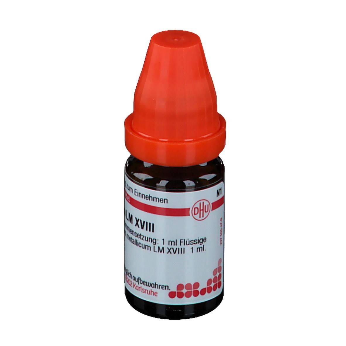 Braune Glasflasche mit rotem Verschluss. Beschriftung: Aurum metallicum LM XVIII, homöopathisches Arzneimittel, DHU.