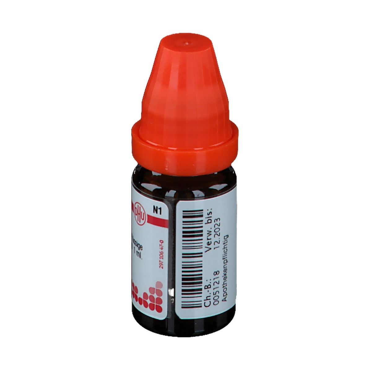 Braune Glasflasche mit rotem Verschluss. Beschriftung: Aurum metallicum LM XVIII, homöopathisches Arzneimittel. Verwendbar bis 12.2023.