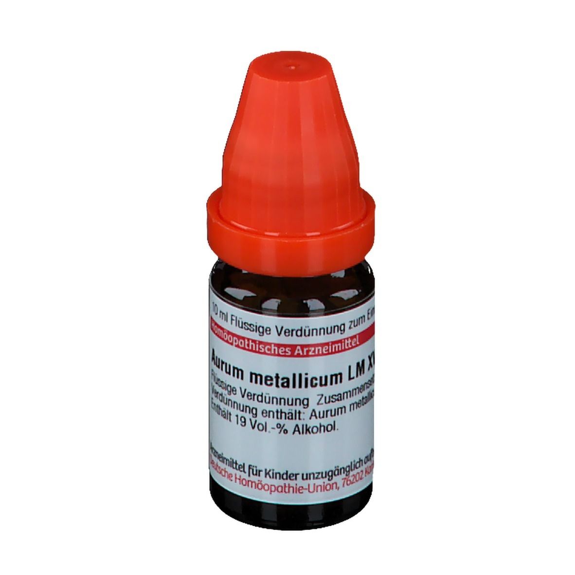 Braune Glasflasche mit rotem Verschluss. Beschriftung: Aurum metallicum LM XVIII, homöopathisches Arzneimittel. 10 ml.
