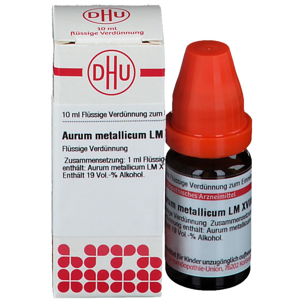Produktverpackung mit Flasche. Beschriftung: DHU, Aurum metallicum LM, homöopathisches Arzneimittel. 10 ml.