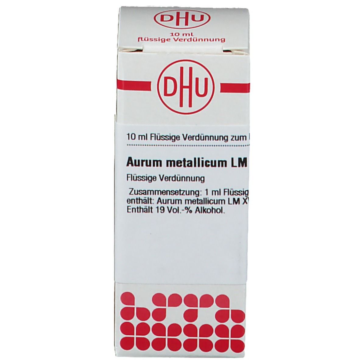 Produktverpackung. Beschriftung: DHU, Aurum metallicum LM, homöopathisches Arzneimittel. 10 ml.