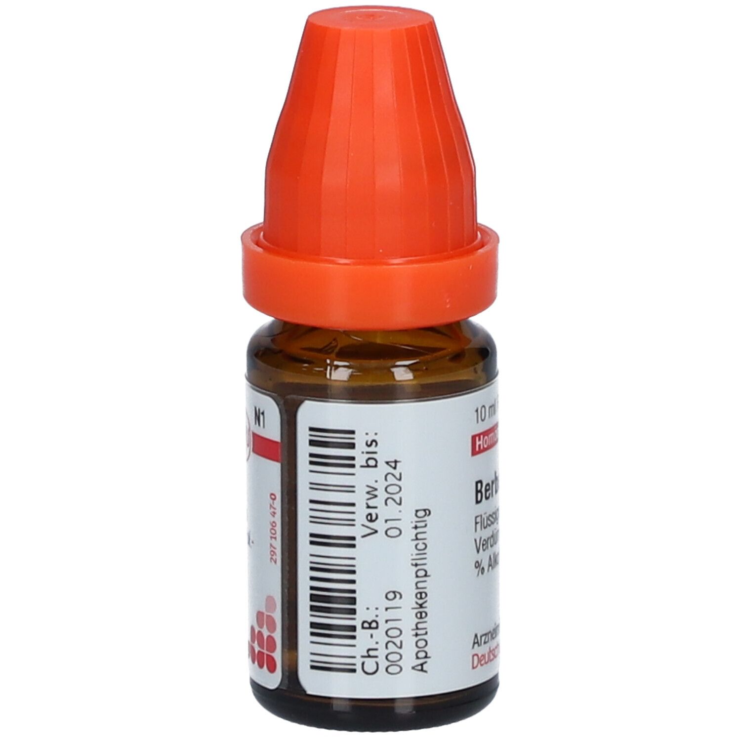 Braune Glasflasche mit orangefarbenem Verschluss. Etikett mit Barcode und Verfallsdatum: 01.2024.