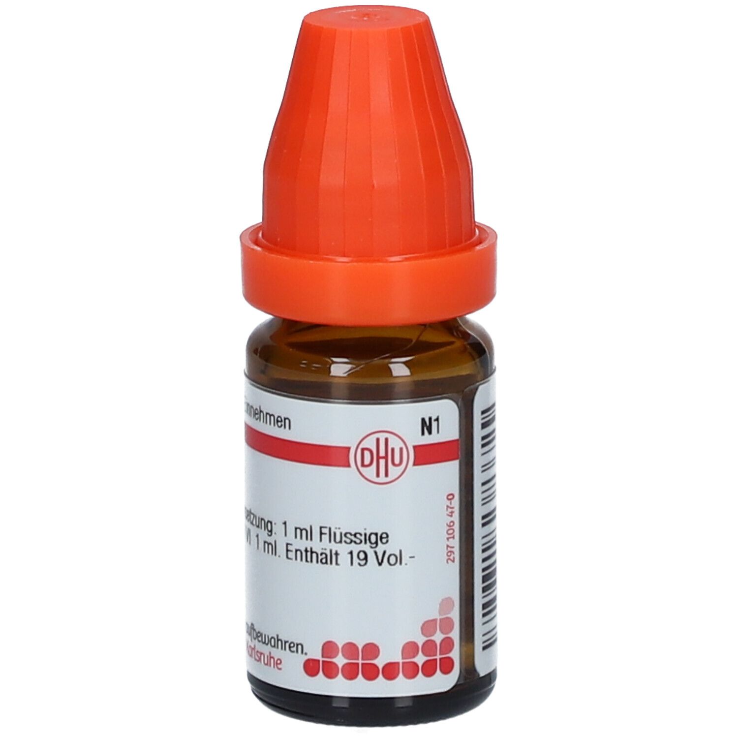 Braune Glasflasche mit orangefarbenem Verschluss. Aufschrift: DHU, N1, 1 ml Flüssige Verdünnung.