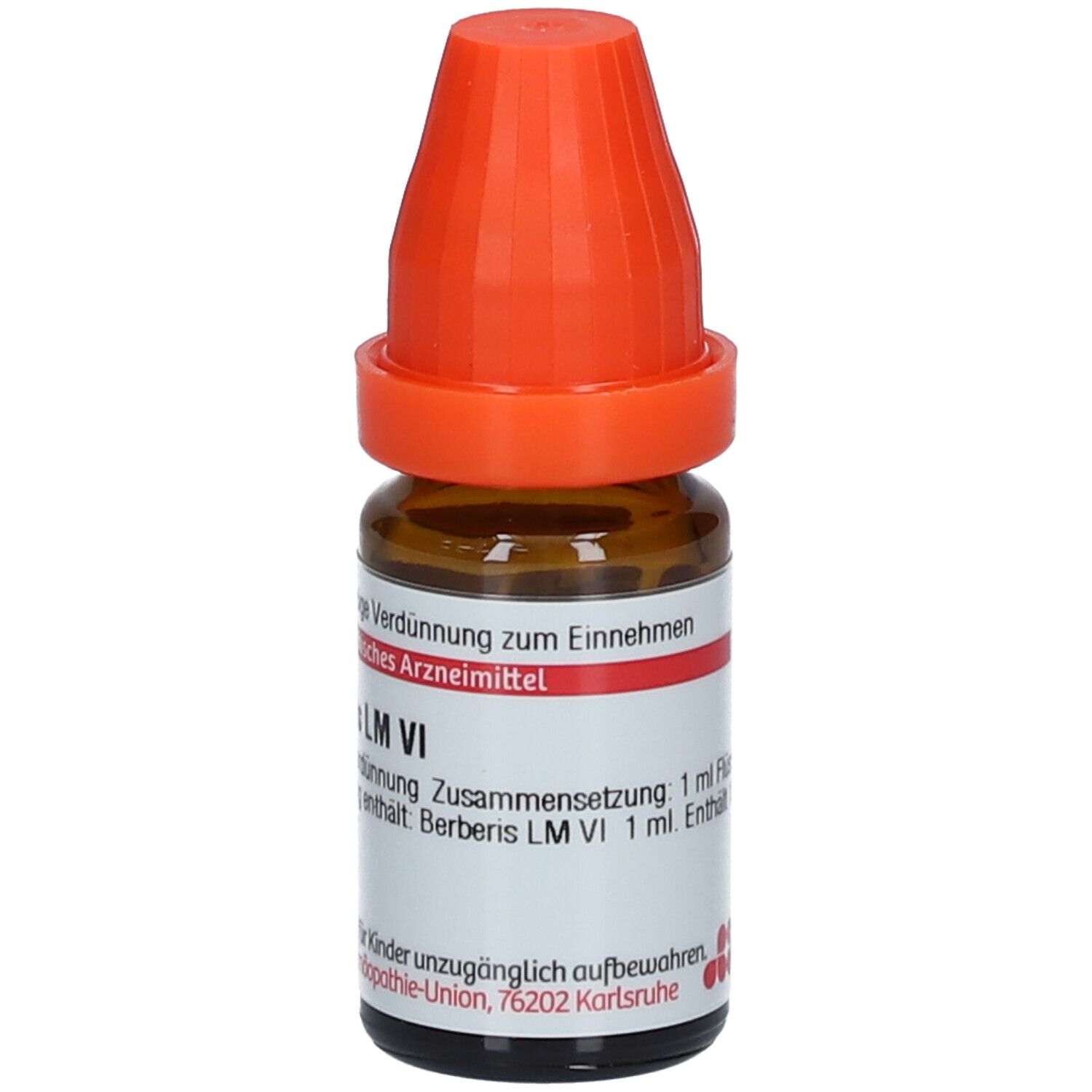 Braune Glasflasche mit orangefarbenem Verschluss. Beschriftung: Berberis LM VI, 1 ml Flüssige Verdünnung.