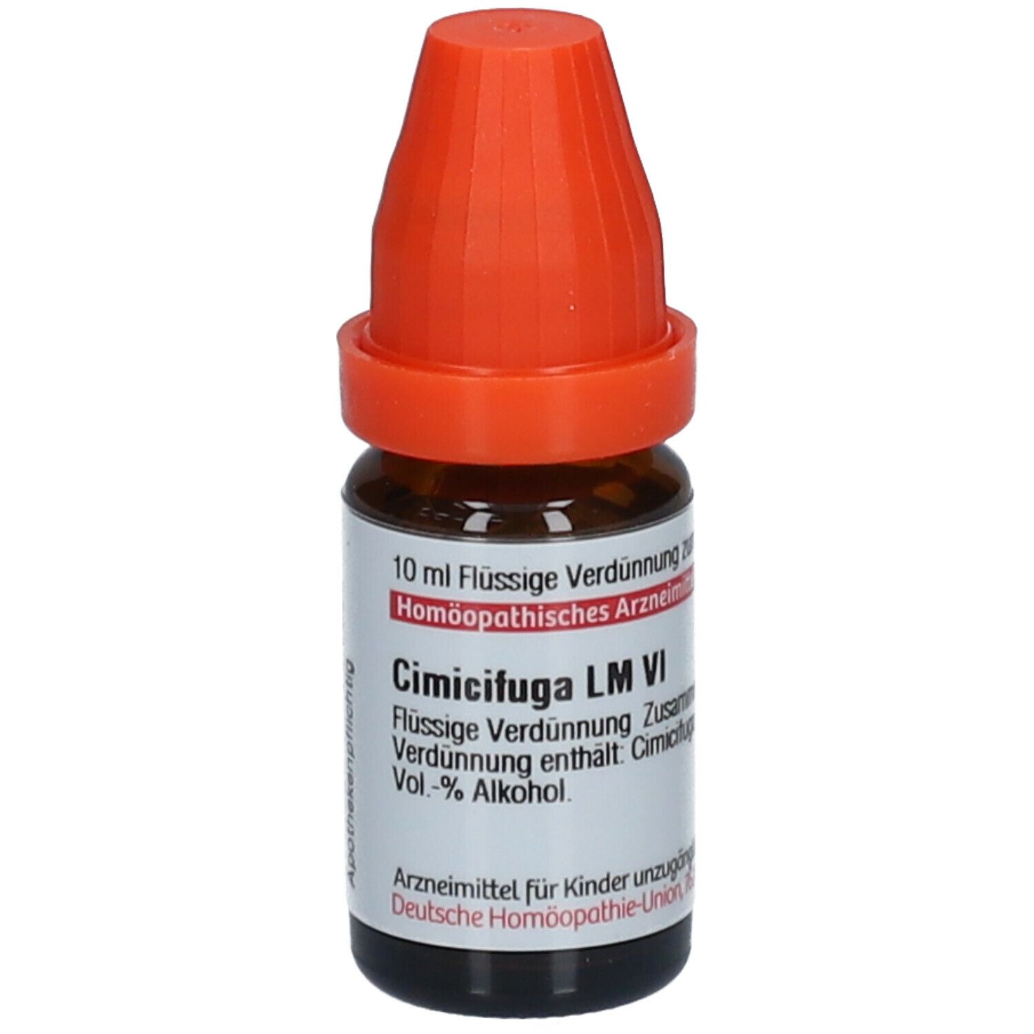 Braune Glasflasche mit orangefarbenem Verschluss. Etikett mit Produktinformationen. Homöopathisches Arzneimittel.