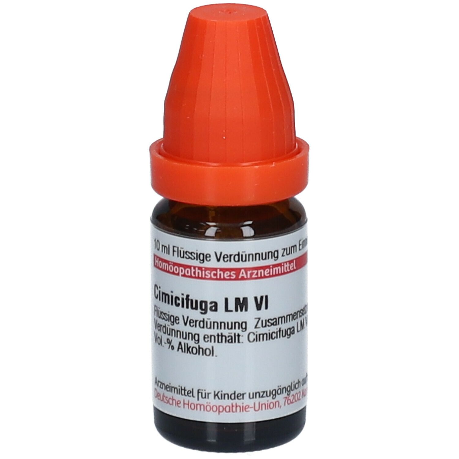 Braune Glasflasche mit orangefarbenem Verschluss. Etikett mit Produktinformationen. Homöopathisches Arzneimittel.