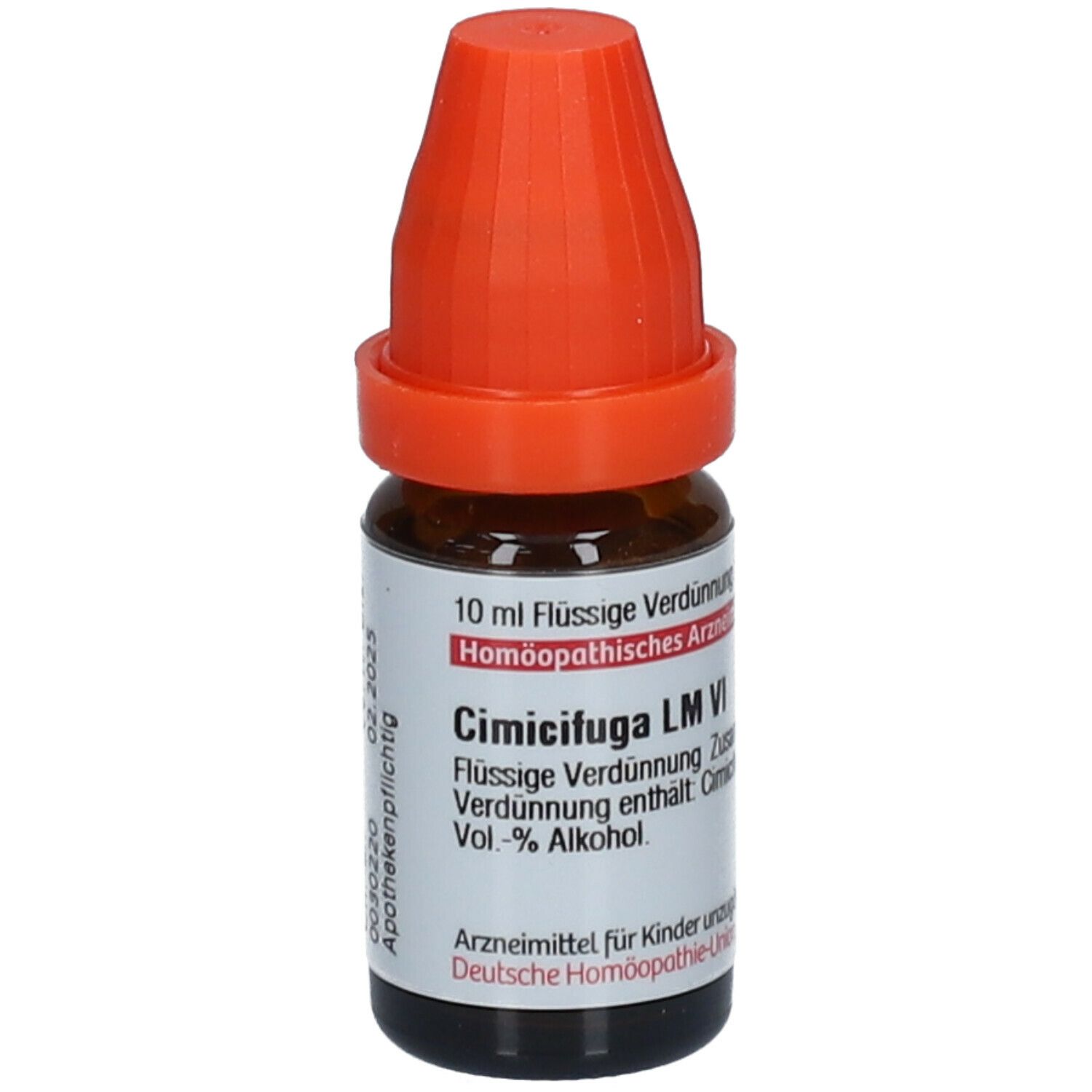 Braune Glasflasche mit orangefarbenem Verschluss. Etikett mit Produktinformationen. Homöopathisches Arzneimittel.