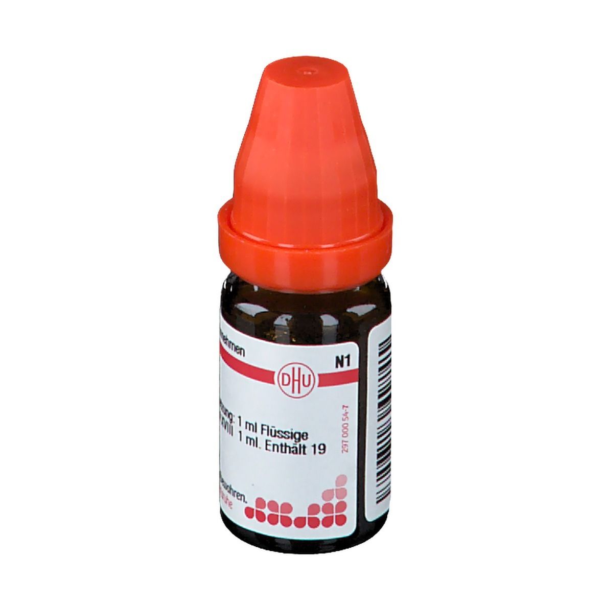 Braune Glasflasche mit orangefarbenem Verschluss. Etikett mit Text: DHU, N1, 1 ml Flüssige Verdünnung. Enthält 19.