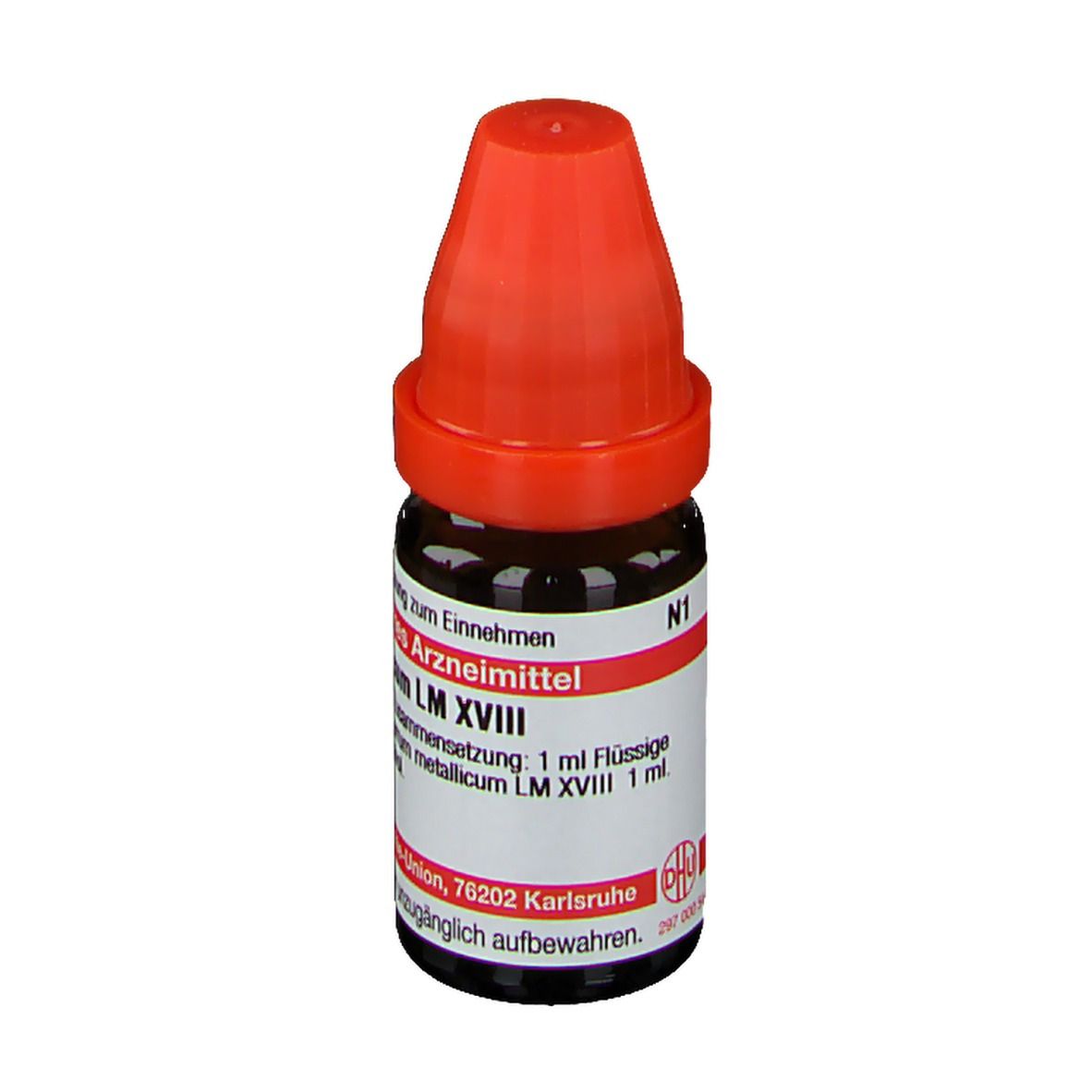 Braune Glasflasche mit rotem Verschluss. Beschriftung: DHU Ferrum metallicum LM XVIII, homöopathisches Arzneimittel, N1.