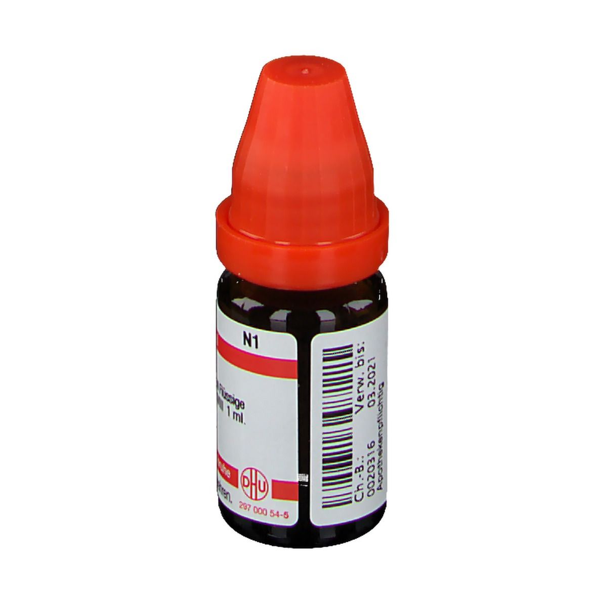 Braune Glasflasche mit rotem Verschluss. Beschriftung: DHU Ferrum metallicum LM XVIII, homöopathisches Arzneimittel, N1, Verwendbar bis 03.2021.